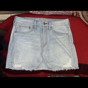 American Eagle Outfitters Short Denim Light Blue Jean Skirt Size 6 Raw Hem
